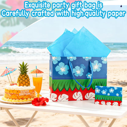 FUNCANDLE 13" Hawaiian Tropical Summer Floral Gift Bag with Greeting Card Tissue Paper, Cartoon Red Blue Treat Goodie Bags with Handle for Boys Girls Kids Friends Island Theme Candy Favor Supplies