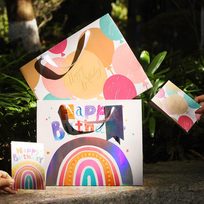 LaRibbons 13" Large Rainbow Birthday Gift Bag with Tissue Paper and Greeting Card, Pink with Holographic Design, Perfect for Girls and Kids Birthday