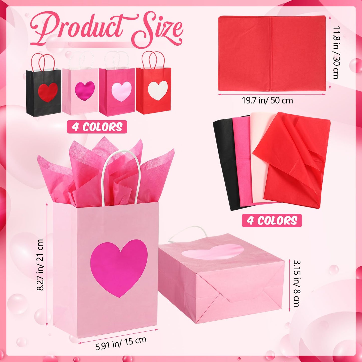 Jaloro 48 Pack Galentines Party Gift Bags with Tissue Paper 8 x 6 x 3.15 Inches Metallic Heart Candy Goodie Favor Kraft Paper Bags with Handles Gift Wrap Bag for Birthday Wedding Anniversary Dating