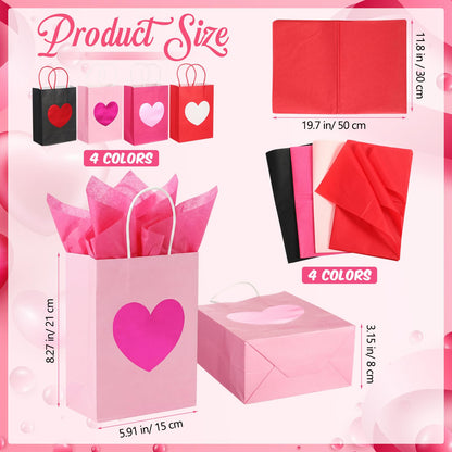 Jaloro 48 Pack Galentines Party Gift Bags with Tissue Paper 8 x 6 x 3.15 Inches Metallic Heart Candy Goodie Favor Kraft Paper Bags with Handles Gift Wrap Bag for Birthday Wedding Anniversary Dating