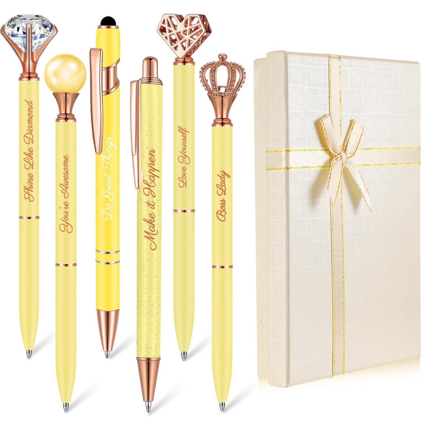 Qeeenar 6 Pcs Fancy Pens for Women Crystal Diamond Pen for Journaling Pretty Glitter Ballpoint with Box Inspirational Gifts for Women Girls College Students Cute Back to School Gifts(Yellow)