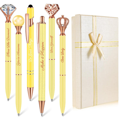 Qeeenar 6 Pcs Fancy Pens for Women Crystal Diamond Pen for Journaling Pretty Glitter Ballpoint with Box Inspirational Gifts for Women Girls College Students Cute Back to School Gifts(Yellow)