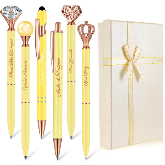 Qeeenar 6 Pcs Fancy Pens for Women Crystal Diamond Pen for Journaling Pretty Glitter Ballpoint with Box Inspirational Gifts for Women Girls College Students Cute Back to School Gifts(Yellow)