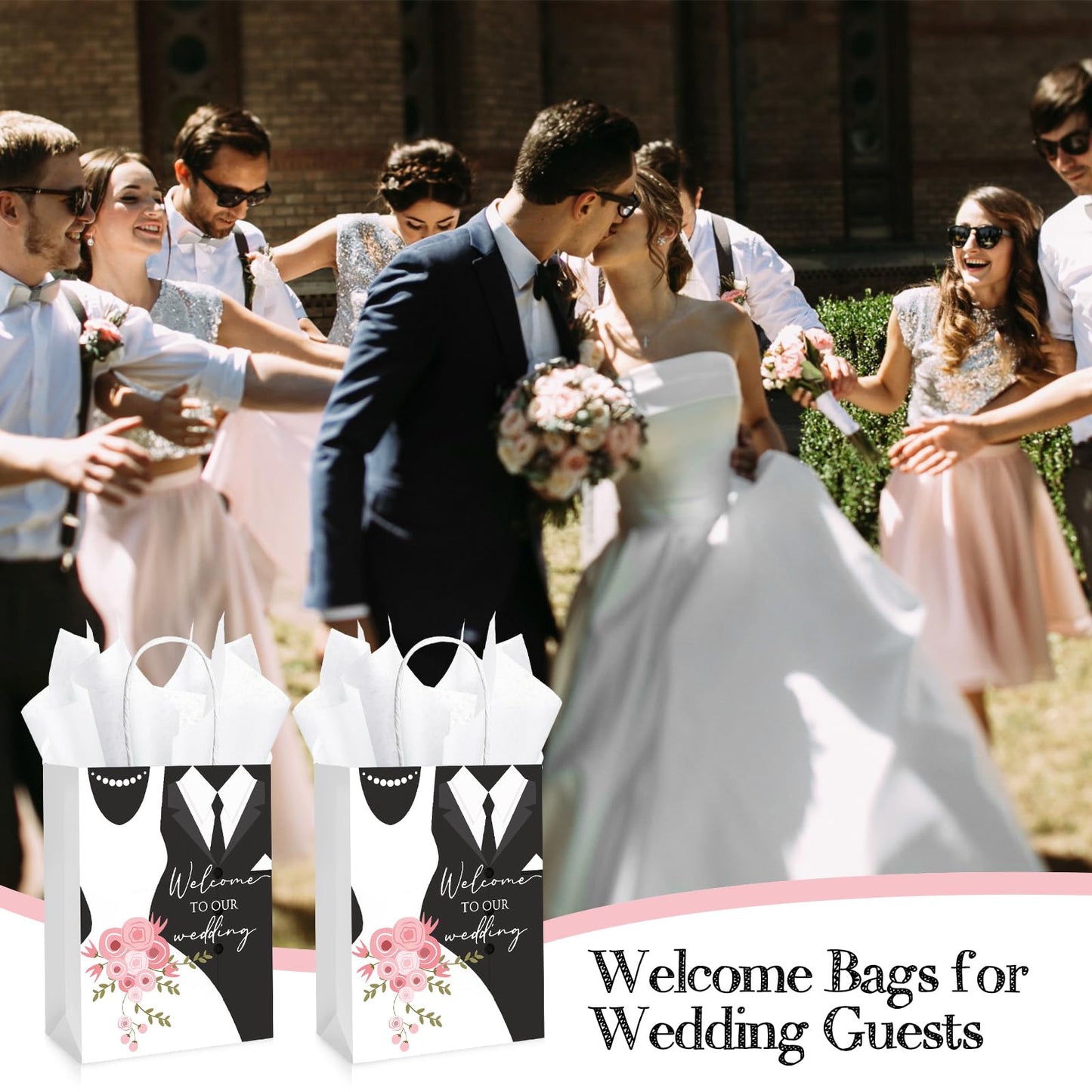 Sinload 50 Sets Wedding Welcome Bags with 50 Sheets Tissue Paper Mr. and Mrs. Welcome to Our Wedding Favor Bags Paper Bags with Handles Wedding Party Gift Bags Welcome Wedding Bags for Hotel Guests