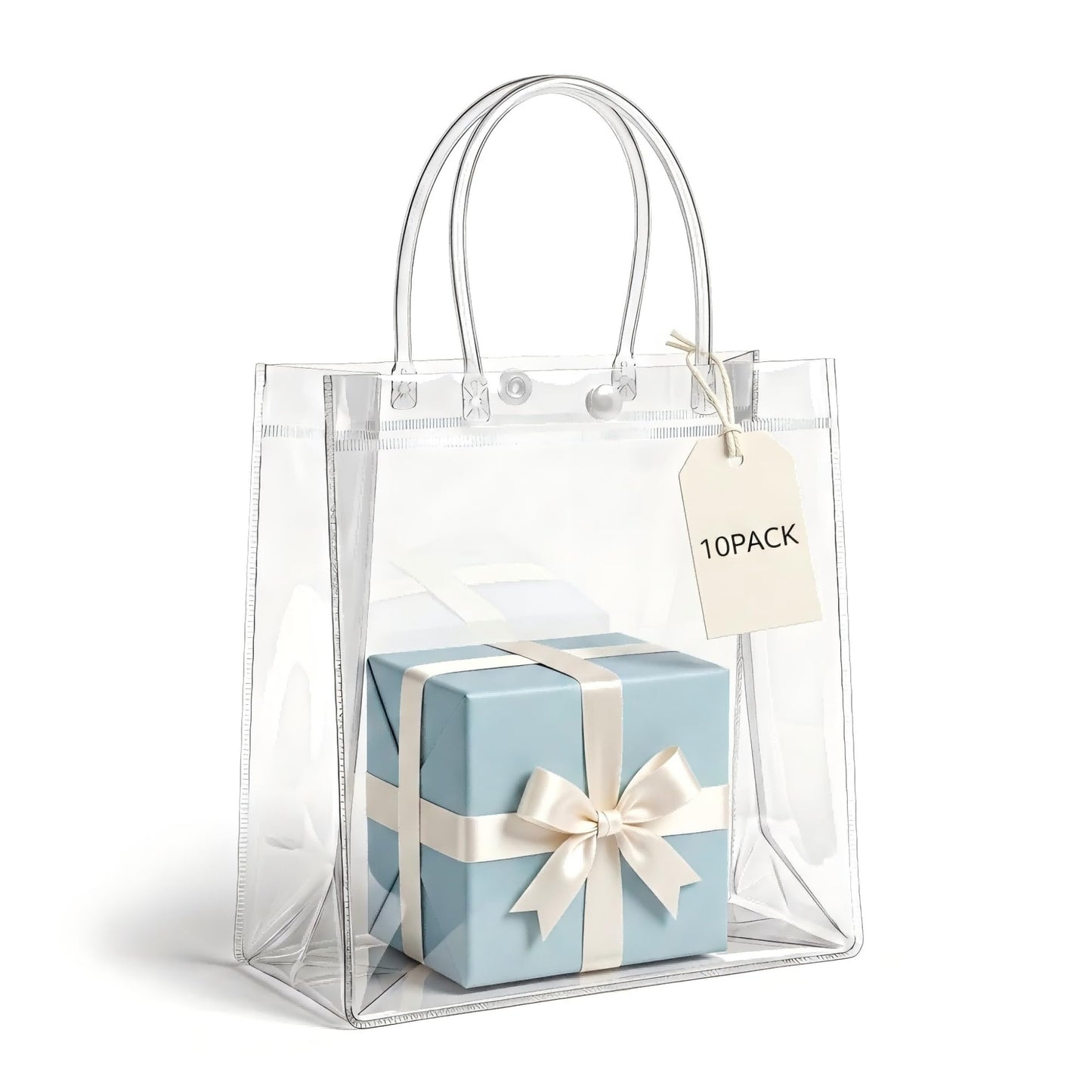 RJTLPNK 10-Pack Transparent PVC Gift Bags with Handles – Durable & Odorless Clear Plastic Bags for Wedding Favors, Birthday Parties & Corporate Events (7.87”L x 3.14”W x 7.87”H)