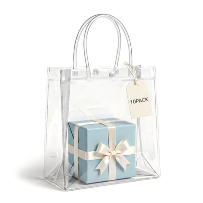 RJTLPNK 10-Pack Transparent PVC Gift Bags with Handles – Durable & Odorless Clear Plastic Bags for Wedding Favors, Birthday Parties & Corporate Events (7.87”L x 3.14”W x 7.87”H)