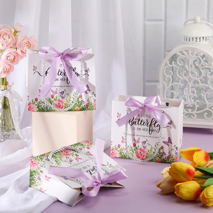 Spakon 25 Pack Butterfly Baby Shower Favors Gift Bags Goodie Bags with Handles and Bow Ribbon for Baby Shower Return Gift