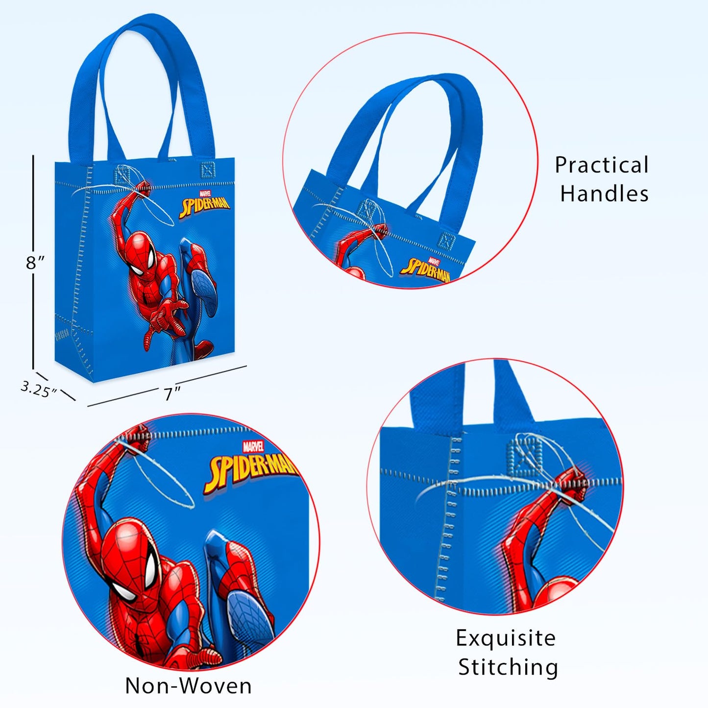 Spiderman Party Favor Bags Set – 12 Pack 8" Marvel Party Goodie Bags for Kids Bulk Reusable Mini Totes | Spiderman Birthday Party Supplies