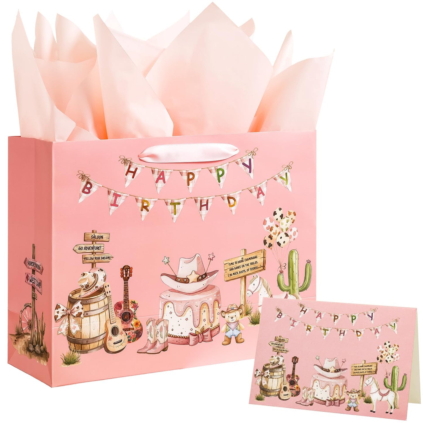Crisky Large Cowgirl Birthday Bags for Girls with Card and Tissue Papers, Pink Bear Large Girl Birthday Gift Bag for Western Cowgirl Party Favors Decorations Bday Gifts, 13"