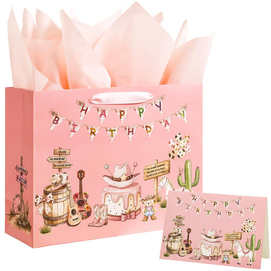 Crisky Large Cowgirl Birthday Bags for Girls with Card and Tissue Papers, Pink Bear Large Girl Birthday Gift Bag for Western Cowgirl Party Favors Decorations Bday Gifts, 13"