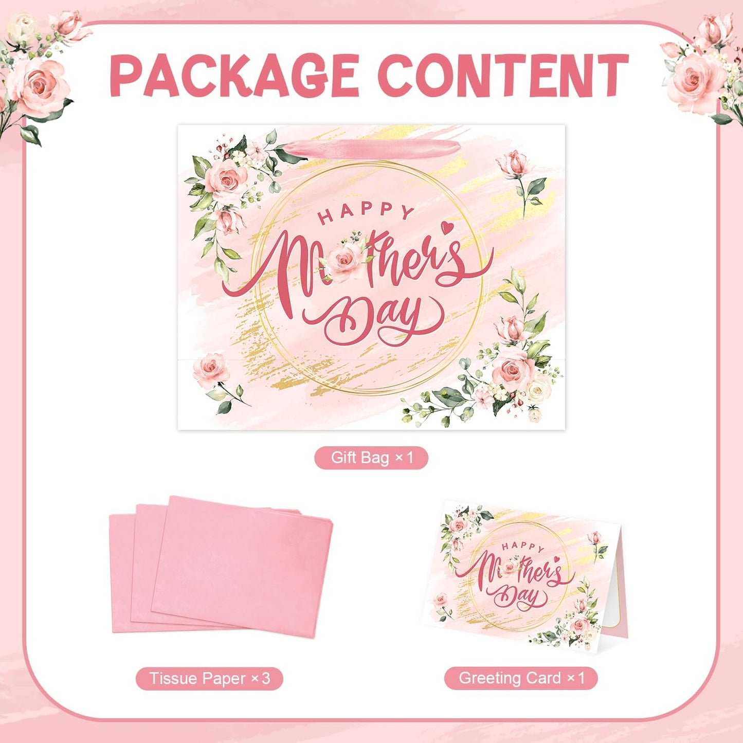 Aysimple Happy Mother's Day Large Gift Bag Set with Greeting Card and Pink Tissue Paper 13" Love Mother Present Bag Pastel Flower Paper Gift Bags with Handles for Happy Mom's Day Party Decorations