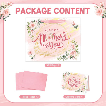 Aysimple Happy Mother's Day Large Gift Bag Set with Greeting Card and Pink Tissue Paper 13" Love Mother Present Bag Pastel Flower Paper Gift Bags with Handles for Happy Mom's Day Party Decorations