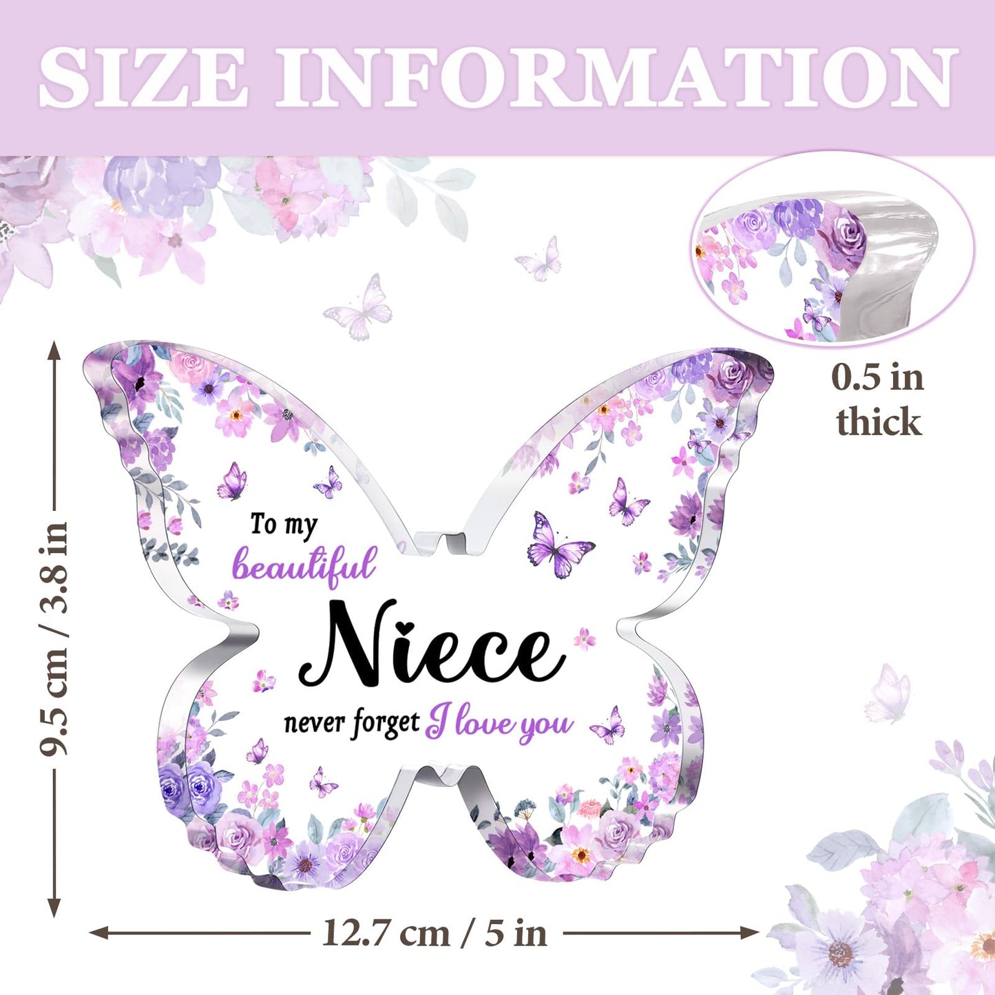 Niece Gifts from Auntie Aunt Uncle - Unique Purple Butterfly Acrylic Plaque Desk Decor - Mothers Day Christmas Valentines Day Graduation Gift for Niece - 5 x 3.8 x 0.5 inches