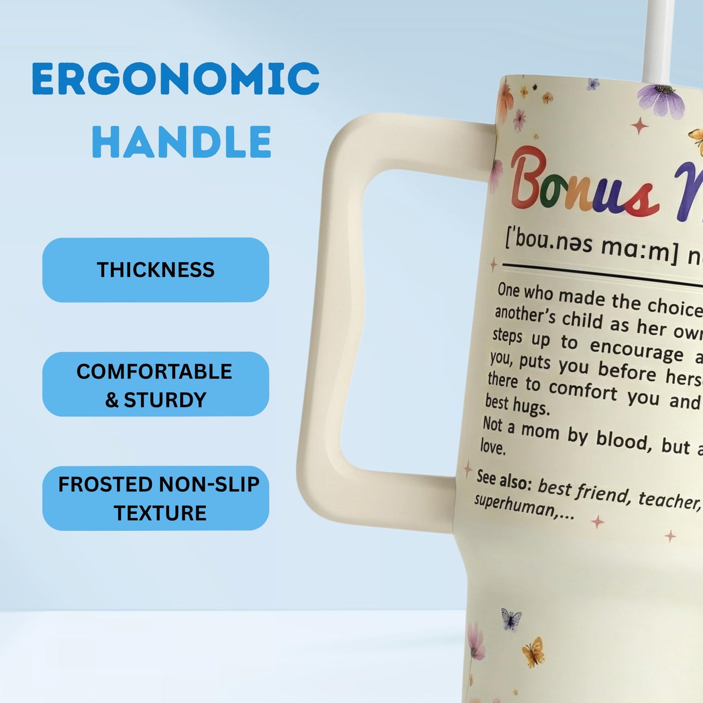 Bonus Mom Gifts 40 Oz Tumbler with Handle and Straw, Bonus Mom Gift with Funny Nutrition Facts Design, Gifts for Step Moms, Birthday Gifts for Bonus Moms from Daughter, Son or Family