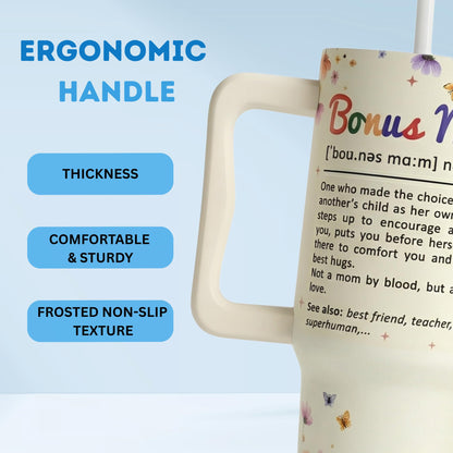Bonus Mom Gifts 40 Oz Tumbler with Handle and Straw, Bonus Mom Gift with Funny Nutrition Facts Design, Gifts for Step Moms, Birthday Gifts for Bonus Moms from Daughter, Son or Family