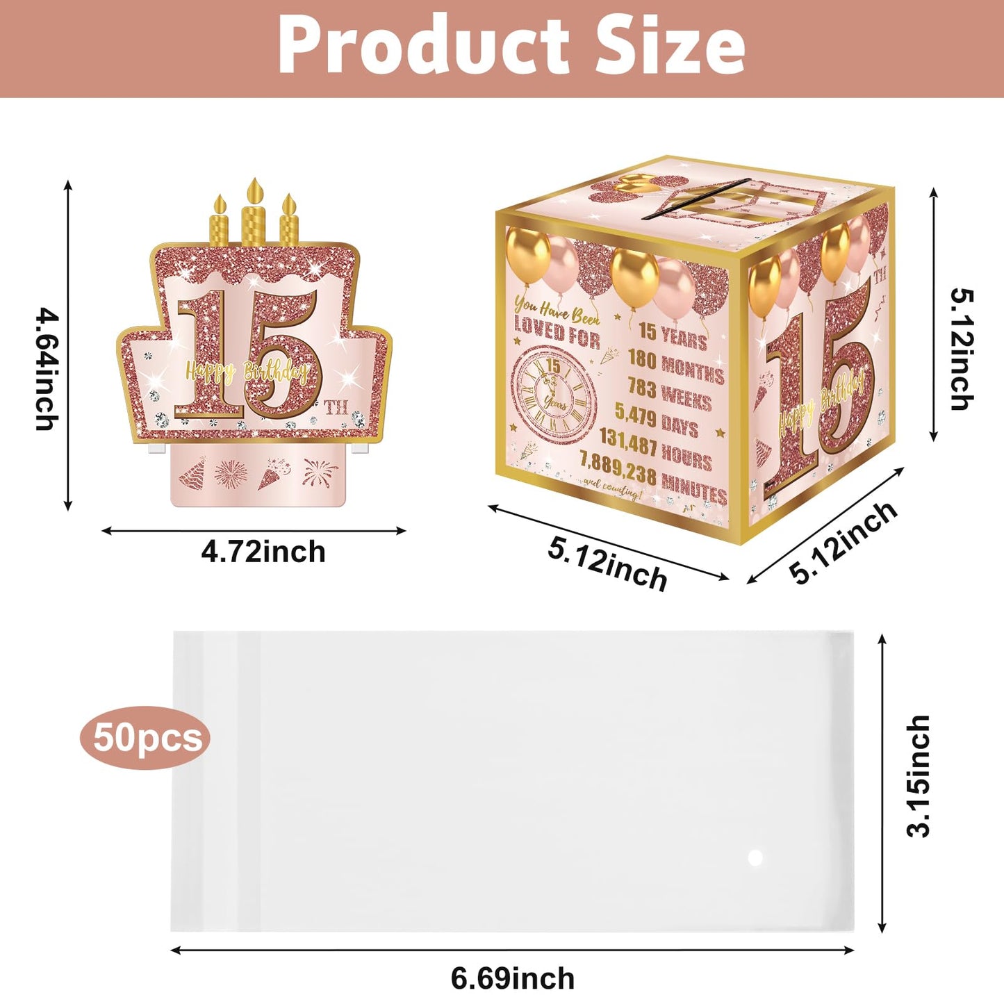 Turypaty 15th Birthday Pull-Out Money Gift Box for Girls - Pink Rose Gold Happy Fifteen 15th Birthday Party Cash Gift Box with Pull-Out Card - A Fun and Loving Way to Offer Cash Present