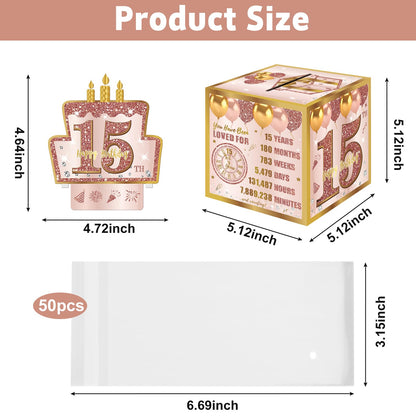 Turypaty 15th Birthday Pull-Out Money Gift Box for Girls - Pink Rose Gold Happy Fifteen 15th Birthday Party Cash Gift Box with Pull-Out Card - A Fun and Loving Way to Offer Cash Present