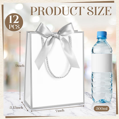 Silkfly 12 Pcs Wedding Paper Gift Bags with Handle 9x7x3.15'' Thank You Gifts Bags with Ribbon Bow Bridal Shower Gifts for Baby Shower Graduation Holiday Birthday Party Supplies (White,Silver)