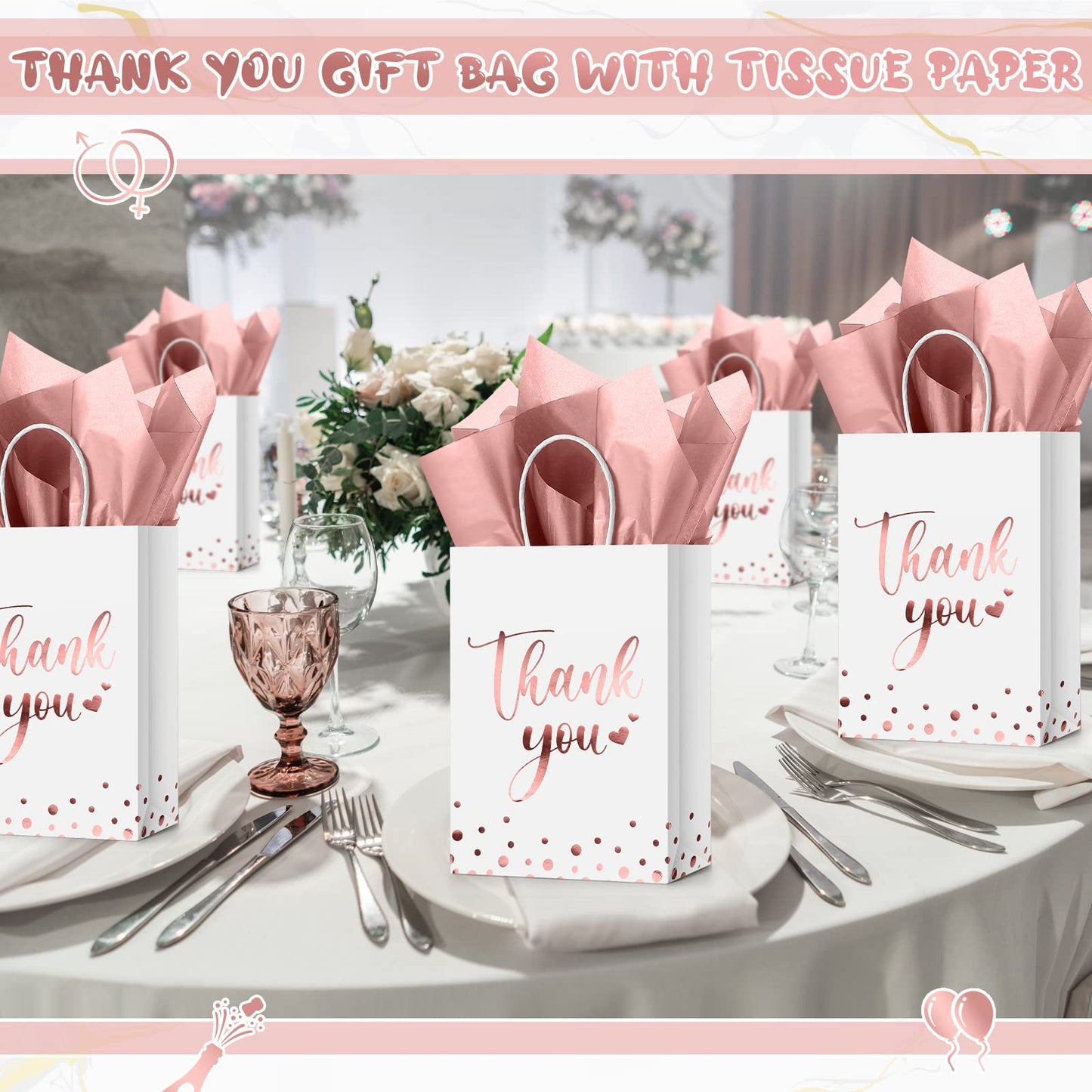 Tinlade 30 Pcs Thank You Gift Bags with Tissue Paper Gold Thank You Wedding Bags with Handle for Graduation Business Shopping Wedding Shower Party Favors(Rose Gold)