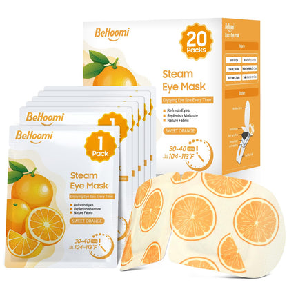BeHoomi 20 Packs Steam Eye Mask, Heated Eye Mask Warm Compress for Eyes, Disposable Self Heating Steam Mask for Home, Sleep, Spa, Travel Essentials & Relaxation Gifts for Women (Orange)