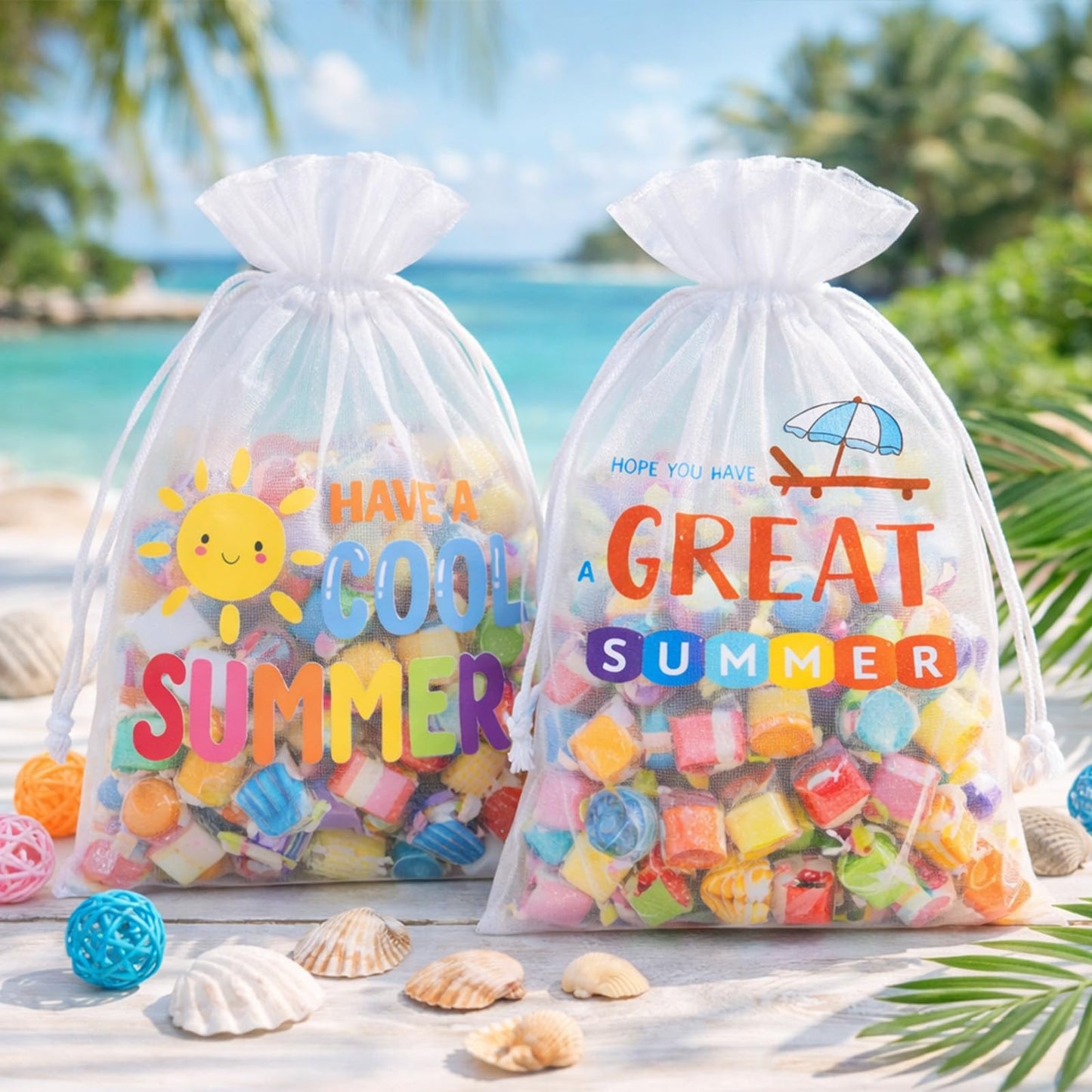 joycraft 30Pcs Summer Organza Bags - 4x6In End of School Year Drastring Gift Bags, 5 Style Have a Bright Summer Party Bags for Vacation, Graduation, Classroom, Office