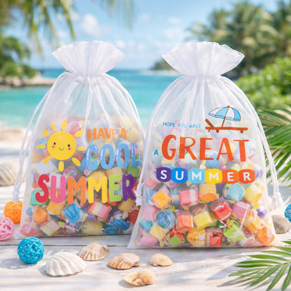 joycraft 30Pcs Summer Organza Bags - 4x6In End of School Year Drastring Gift Bags, 5 Style Have a Bright Summer Party Bags for Vacation, Graduation, Classroom, Office