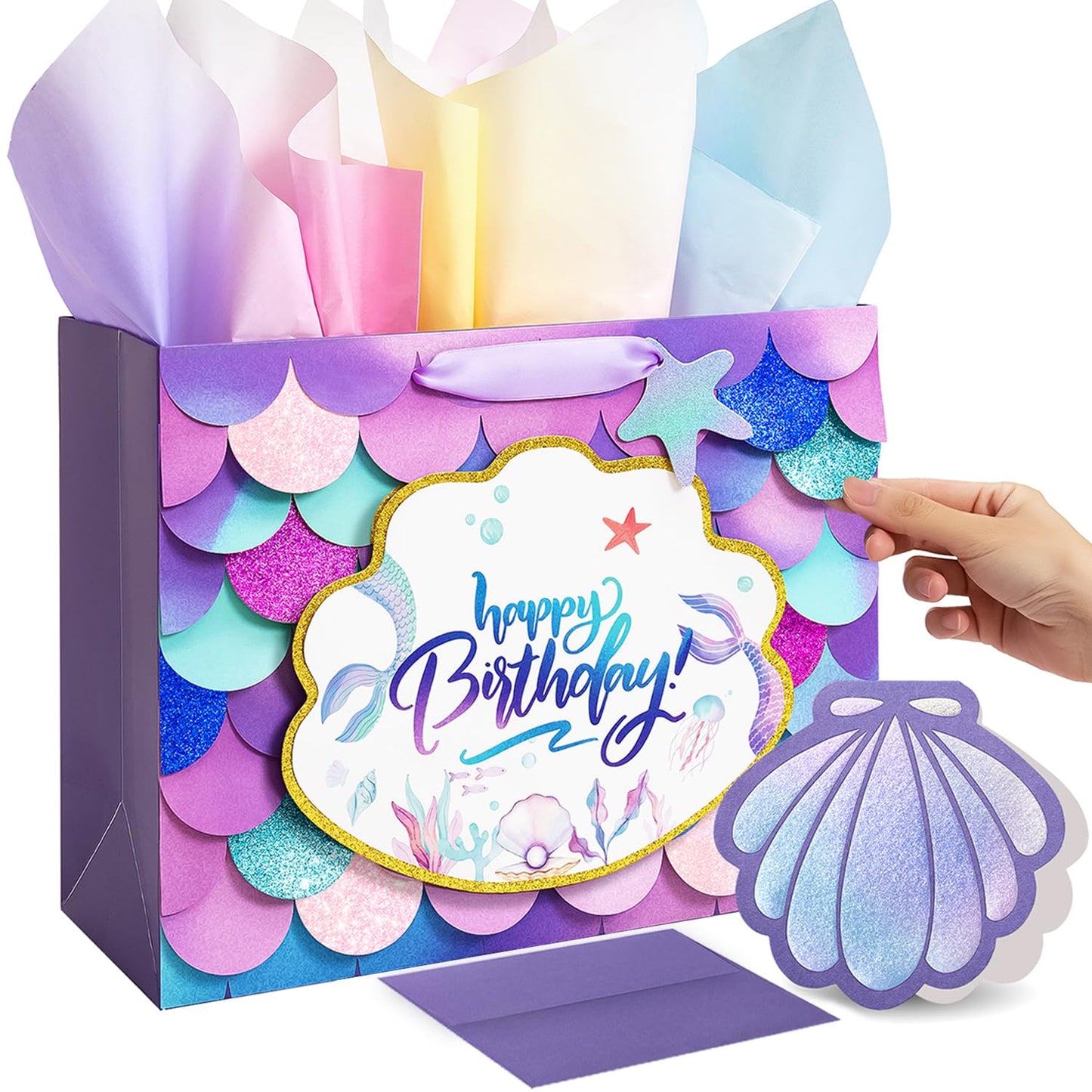 Crisky Mermaid Birthday Gift Bags for Girls with Tissue Paper and Seashell Card - 3 D Bling Design - Mermaid Gift Bag for Kids Women Birthday Decorations Purple Party Supplies Gifts Ideas