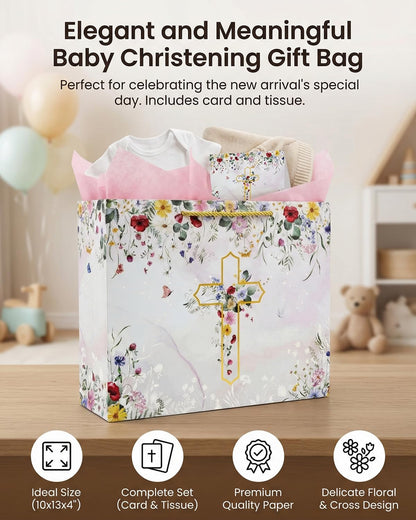 GFInYHM 13" Wildfloral Gold Cross Gift Bag Set with Greeting Card and Tissue Papers for First Communions, Baby Boy Girl Baptisms, Christenings, Wedding, Religious Occasions