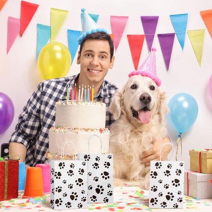 Blulu 50 Pcs Dog Gift Bags 6.3 x 3.1 x 8.6 Inch Paw Dog Treat Goodie Bag with Paper Twist Handles for Puppy Pet Party Favors Paw Print Party Supplies(Black)