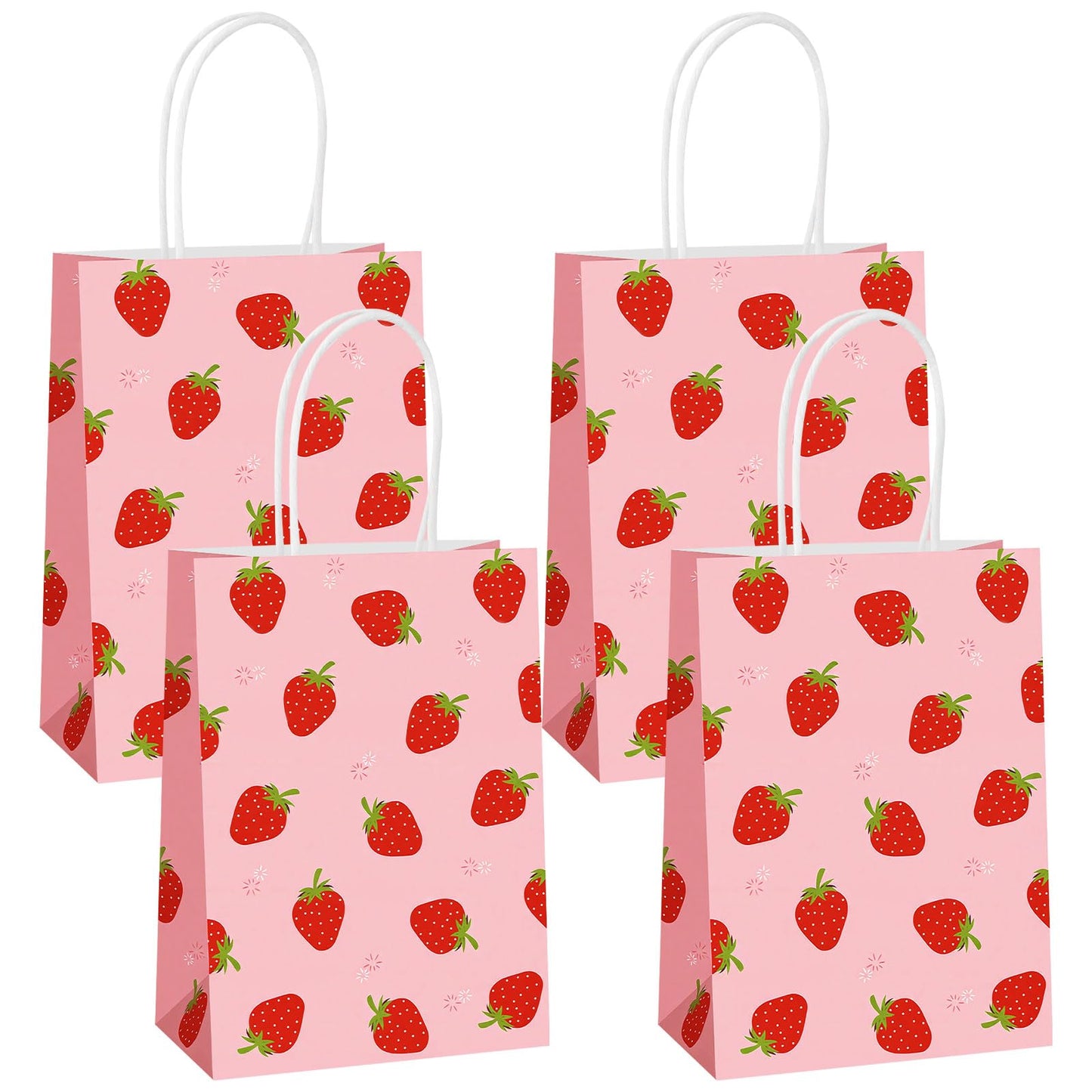 Lemicin 12 Pcs Strawberry Gift Bags Strawberry Party Favor Gift Bags Pink Berry Sweet Paper Candy Treat Goodie Bag with Handles for Birthday Baby Shower Summer Holiday Party Supplies