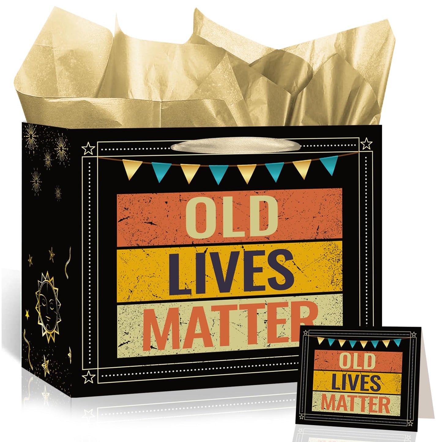 Funny Birthday Gift Bag Old Lives Matter Wrapping Paper Vintage Birthday Gift Bag for Men with Tissue Paper Greeting Card Weird Being The Same Age As Old People Birthday Bags for Dad Grandpa Husband Bday Party Suppllies