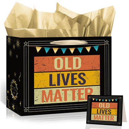 Funny Birthday Gift Bag Old Lives Matter Wrapping Paper Vintage Birthday Gift Bag for Men with Tissue Paper Greeting Card Weird Being The Same Age As Old People Birthday Bags for Dad Grandpa Husband Bday Party Suppllies
