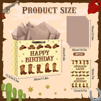 Cowboy Birthday Gift Bag Western Rodeo Baby Shower Gifts Bag with Tissue Paper Card Brown Cowboy Boots Wrapping Paper Bag for Boy Men Adult Birthday First Rodeo Western Theme Party Favor Decoration