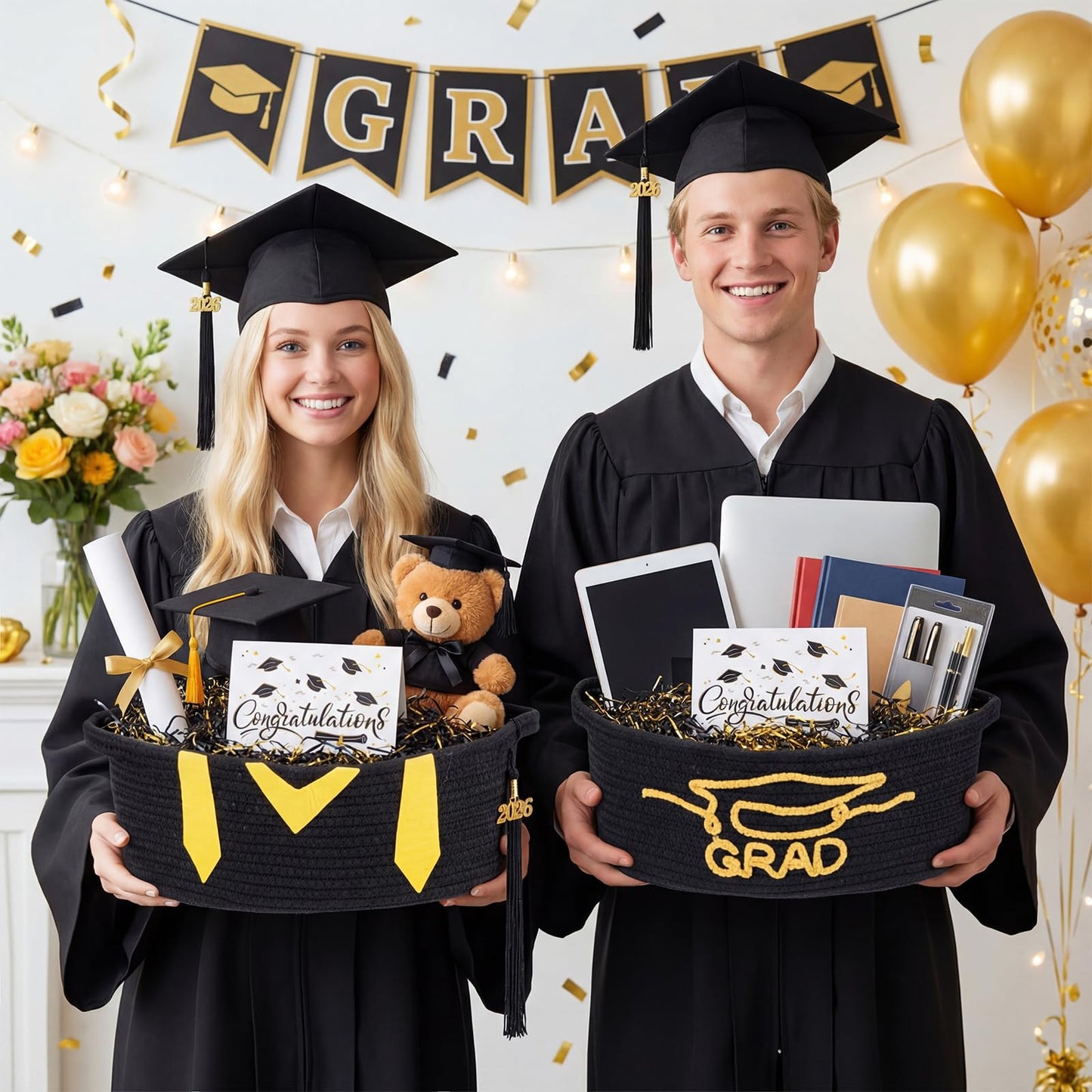 Colingmill 2 Pack 2026 Graduation Empty Gift Basket 14''x10''x5.5'' Woven Rope Basket Empty to Fill with Bag, Ribbon, Card, Tassel, DIY Congrat Gift for Class of 2026 Nurses Week