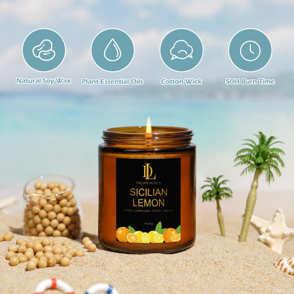 Sicilian Lemon Candles, 7oz Sicilian Lemon Scented Candle, Natural Soy Candles for Home Scented, Long Lasting with 50 Hour Burn Time, Gifts for Men Women