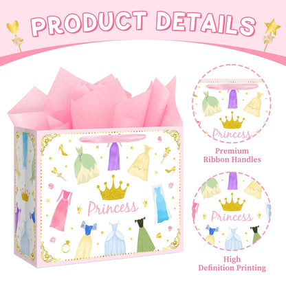 Reyoust 13” Large Princess Themed Gift Bags With Handles and Pink Wrapping Paper Greeting Card Crown Dress Design Gift Bag for Girls Birthday Party Baby shower Decor 1Pcs 13" L x 10.2" H x 4.9" W