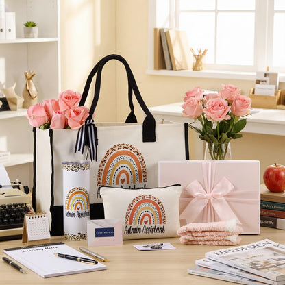 Geiserailie 8 Pcs Administrative Assistant Gifts for Women Including Large Tote Bag Cosmetic Bags Tumbler Cup Plush Socks Metal Keychain Card Administrative Professionals Day Gifts for Secretary Day