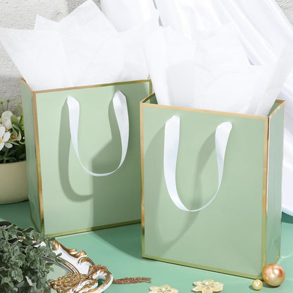 Yeaqee 10 Pack Metallic Paper Gift Bags with Handle Tissue Paper Thank You 5 Senses Gift Bag for Birthday Wedding Baby Shower Groomsmen Bridal Graduation Party Favor 9 x 7 x 3.15''(Sage Green,Gold)