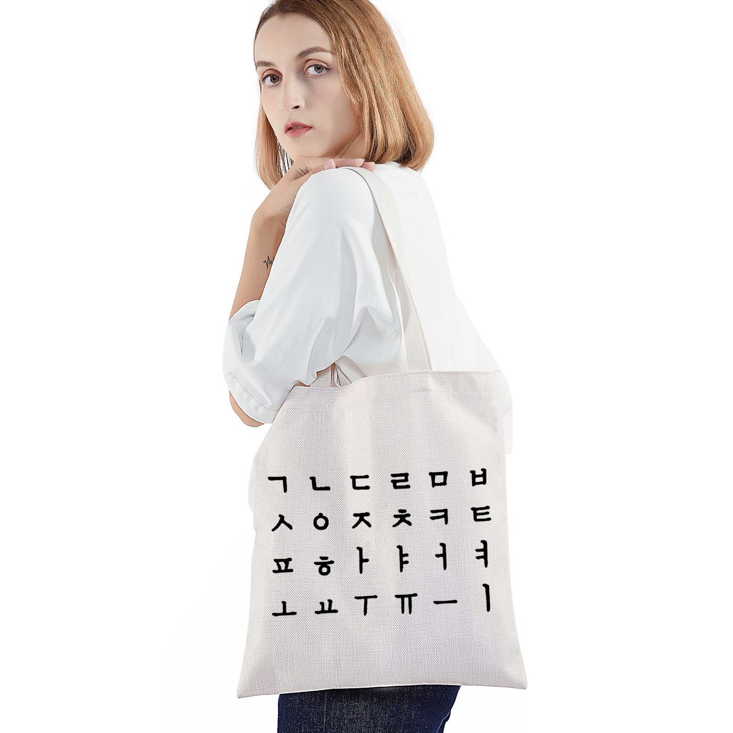BWWKTOP Korean Hangul Alphabet Tote Bag - Korean Girl Gifts - Language Tote Bags For Women & Girls