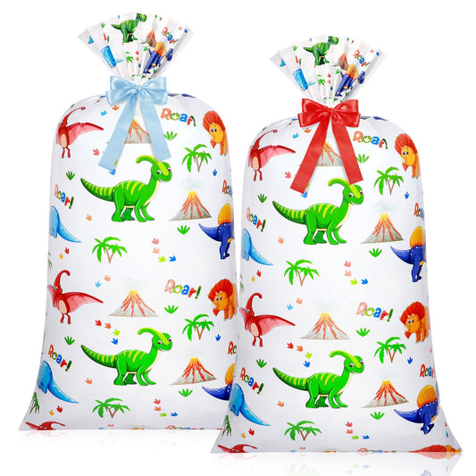 Teling 2 Pcs Large Dinosaur Plastic Gift Bags 70"x 40" Oversized Plastic Storage Bags with 2 Rolls Ribbons for Birthday Party, New Parents Shower, Bicycle Bike, Holiday
