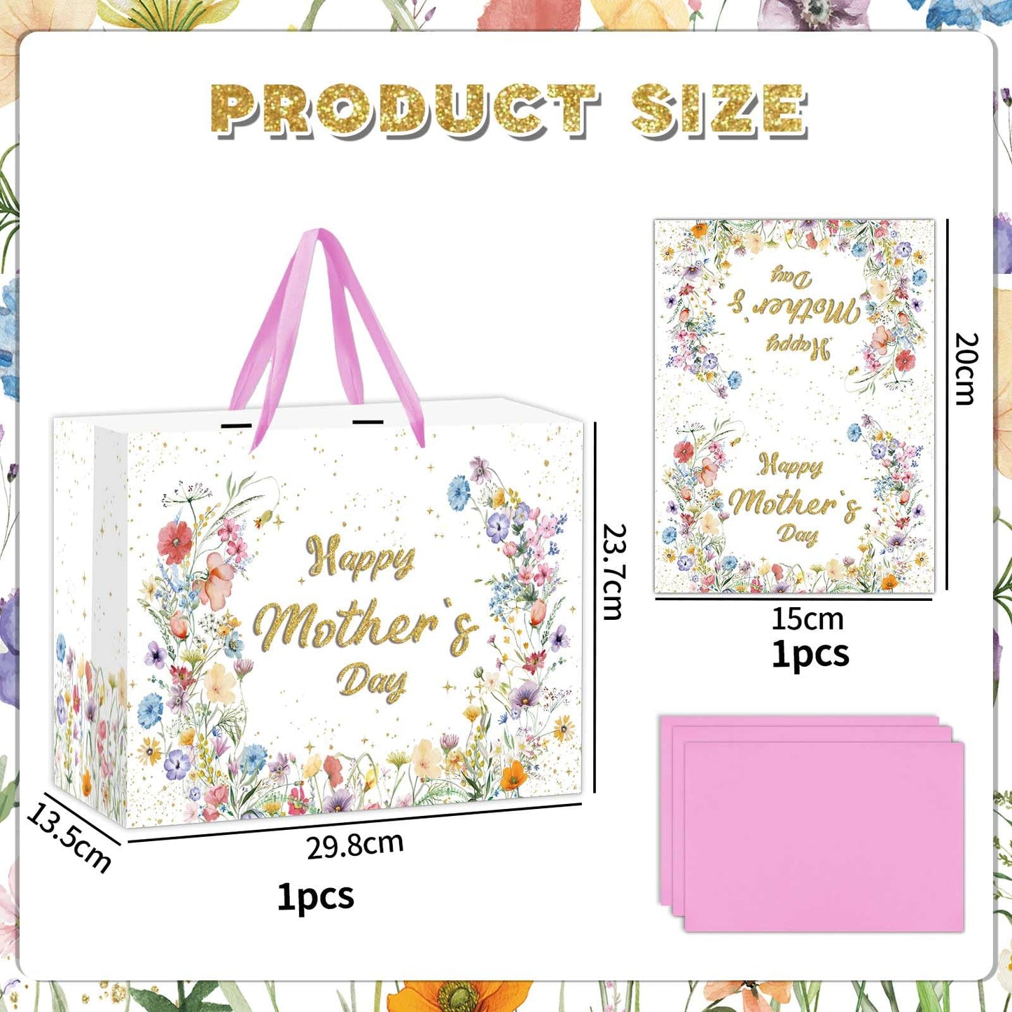 Zliisang Happy Mother’s Day Gift Bag with Tissue Paper and Greeting Card Wildflowers Mother Day Party Favor Bags