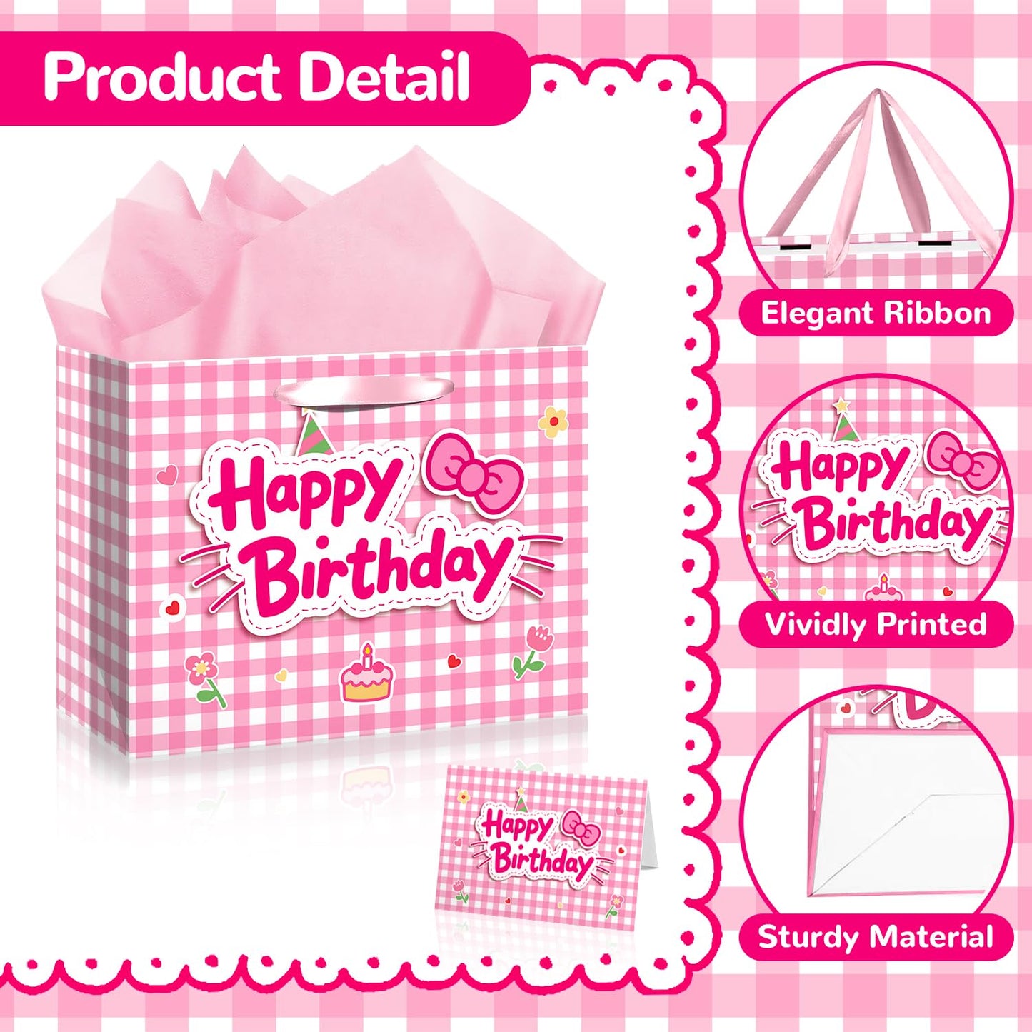TQQBUU 12" Pink Birthday Gift Bags for Girls, with Cute Greeting Card and Tissue Paper for Party, Cat Party Favor Bag Cartoon Bag for Kids Baby Shower Party Favors Supplies, 11.8"×9.4"×5.3" - 1Pcs