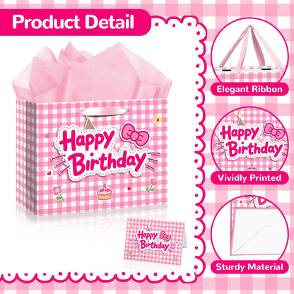 TQQBUU 12" Pink Birthday Gift Bags for Girls, with Cute Greeting Card and Tissue Paper for Party, Cat Party Favor Bag Cartoon Bag for Kids Baby Shower Party Favors Supplies, 11.8"×9.4"×5.3" - 1Pcs