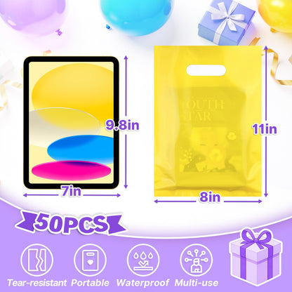 ANZNKU 8"x11" Yellow Party Favor Bags 50 PCS, Plastic Gift Bags for Easter Candy Treat Jewelry Craft, Goodie Bag with Die Cut Handles for Birthday, School Events & Small Business, Wedding