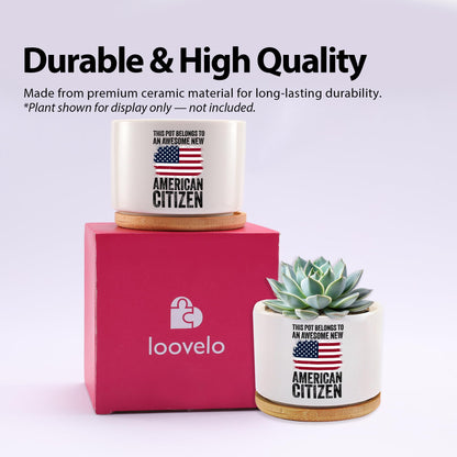 This Pot Belongs to an Awesome New American Citizen Ceramic Succulent Plant Pot with Bamboo Tray Round Citizenship Gifts American Flag Plant Lover Gifts Home Decor 3.5 Inch White (No Plants)