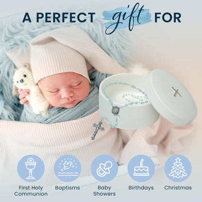Baptism Gifts for Boys – Blue Rosary with Ceramic Keepsake Box and Card, Catholic Communion Gift, Christening and Baby Shower Rosary Beads, Sweet Treasures Gifts, Blue