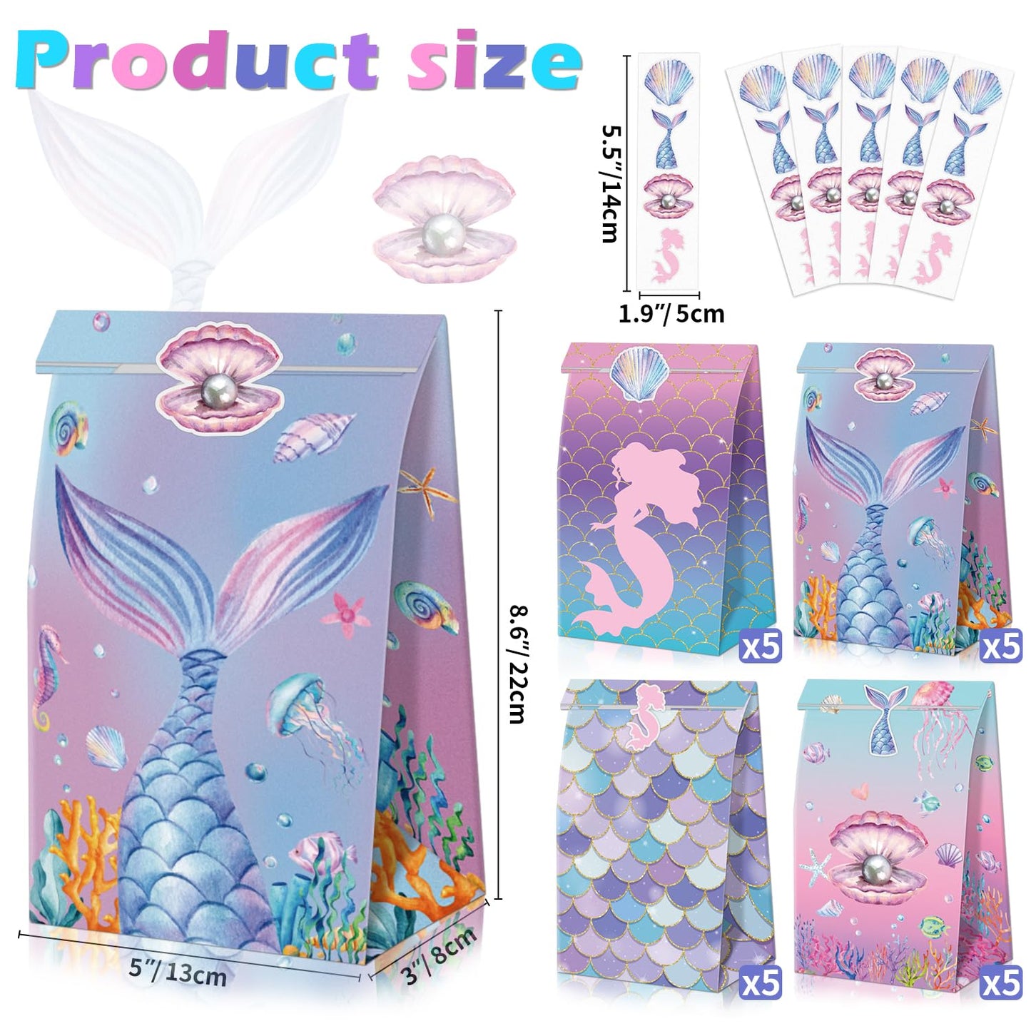 XJLANTTE 20 Pcs Mermaid Goodie Bags - Mermaid Party Favor Bags with Tail Stickers, Under The Sea Paper Gift Bags, Scale Party Bags for Kids Girls Under The Sea Themed Little Mermaid Party Decorations