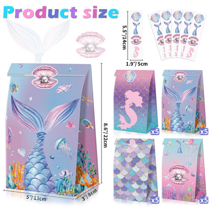 XJLANTTE 20 Pcs Mermaid Goodie Bags - Mermaid Party Favor Bags with Tail Stickers, Under The Sea Paper Gift Bags, Scale Party Bags for Kids Girls Under The Sea Themed Little Mermaid Party Decorations