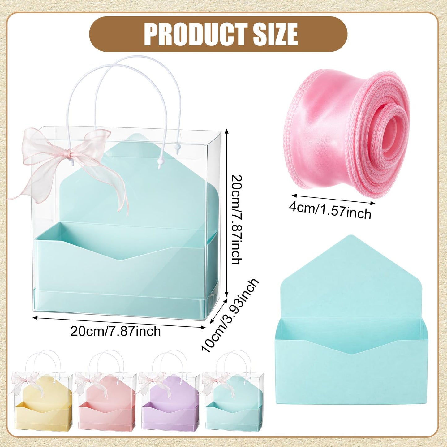 Resurhang 8 Set Flower Gift Boxes for Arrangement Mother's Day Flower Bags with Envelope Gift Boxes Clear plastic Bags with Handle Ribbon for Mom Wedding Bridal Shower Anniversary Floral Arrangement