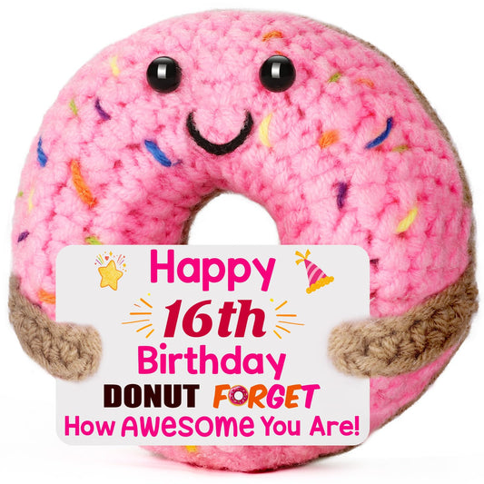 BuiltFit Sweet 16 Birthday Gifts - 16th Sixteen Year Old Gifts for Girls Boys, Cute Crochet Donut Happy 16 th Bday Party Favors Decorations New Driver Present for Teens Daughter Granddaughter